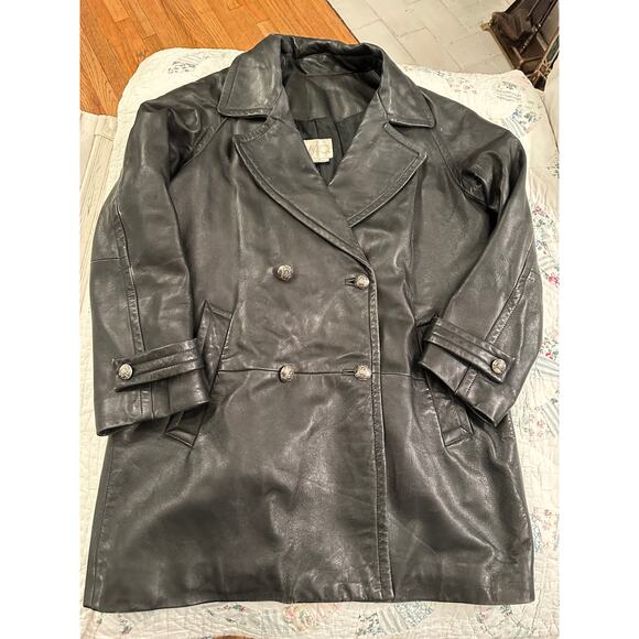 VINTAGE 80's VAKKO BLACK LEATHER DOUBLE BREASTED PEACOAT JACKET - Picture 2 of 9